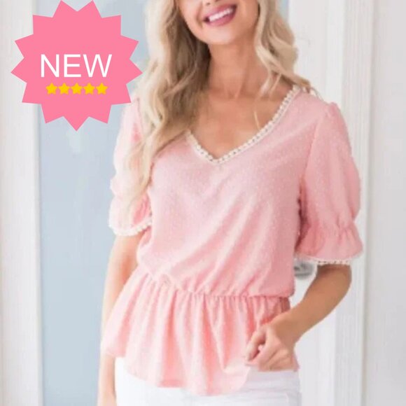 Reborn J Tops - Swiss Dot Top Women's V Neck Babydoll Blouse Shirt Half Sleeve Peach Pink
